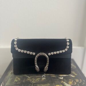 Gucci Black Velvet and Crystal Dionysus Super Mini Chain Bag With Box